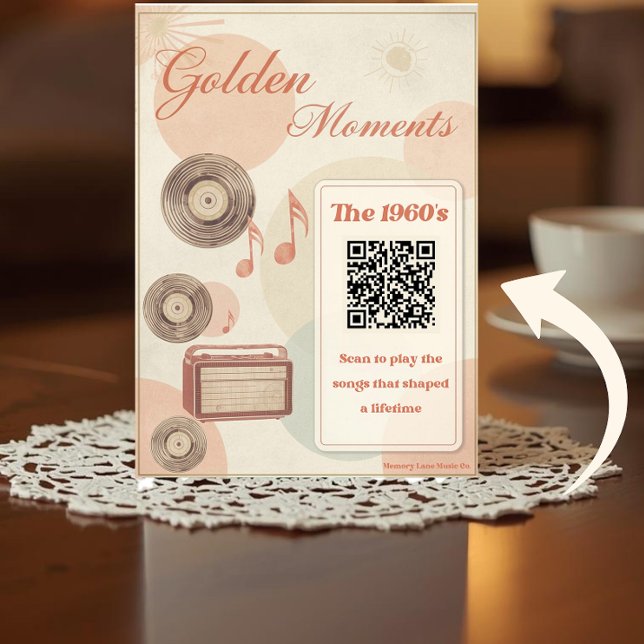 1960s Memory Care Visit Cards with Music QR Code (Golden Moments 1960s folded card with a printed QR code on the front.)
