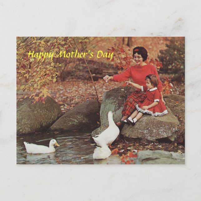 1960s Mother & Little Girl Feeding Ducks Postcard (Front)