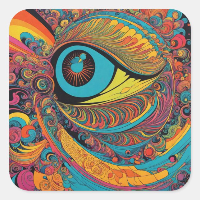 1960s Psychedelic Horror Vacui Art Pattern Square Sticker (Front)