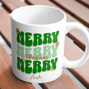 1960s Retro Groovy Green Merry Christmas Boho Name Mug