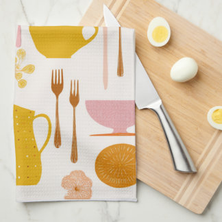1960s Retro Mid-Century pink and yellow Tea Towel