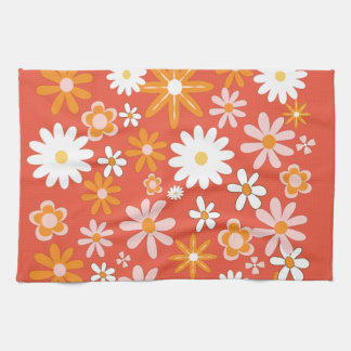 1960s Retro Orange Flower Power Kitchen  Tea Towel