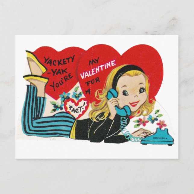 1960's Teenager on Phone Vintage Valentine Postcard (Front)