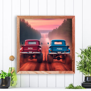 1960s Trucks Racing Down a Dirt Road Custom Names Photo Print