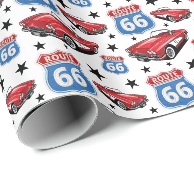 1961 C1 Red Classic Sports Car Retro Route 66 Sign Wrapping Paper (Roll Corner)