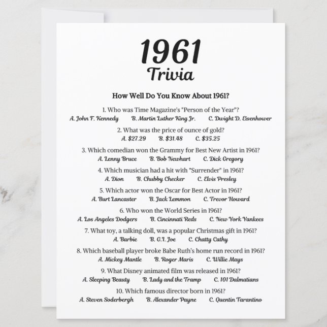 1961 Trivia Game | 64th Birthday Party Game (Front)