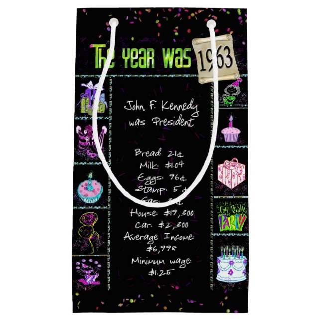 1963 Birth Year Trivia on Black Small Gift Bag (Front)