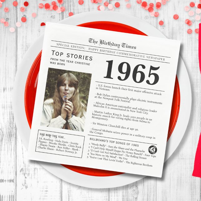 1965 Newspaper Birthday Trivia  Napkin (White napkin with world news fun facts from 1965 in a newspaper design, unique personal party decor)