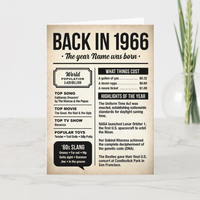 1966 Back in the Day, Fun Facts, 60th Birthday Card (Front)