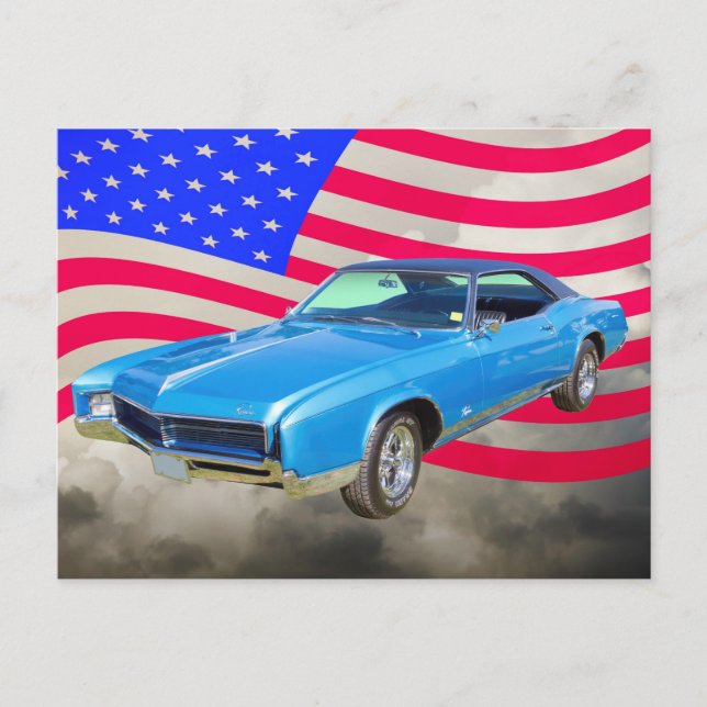 1967 Buick Riviera Muscle Car And American Flag Postcard (Front)