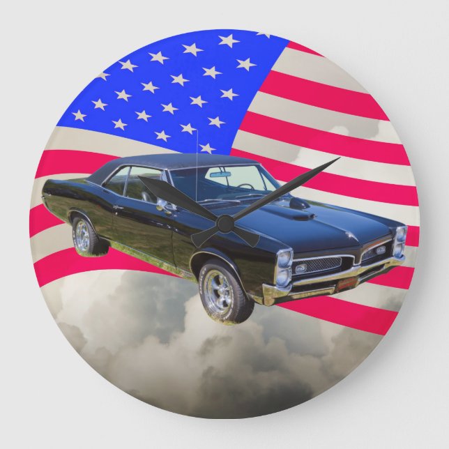 1967 Pontiac GTO and American Flag Large Clock (Front)