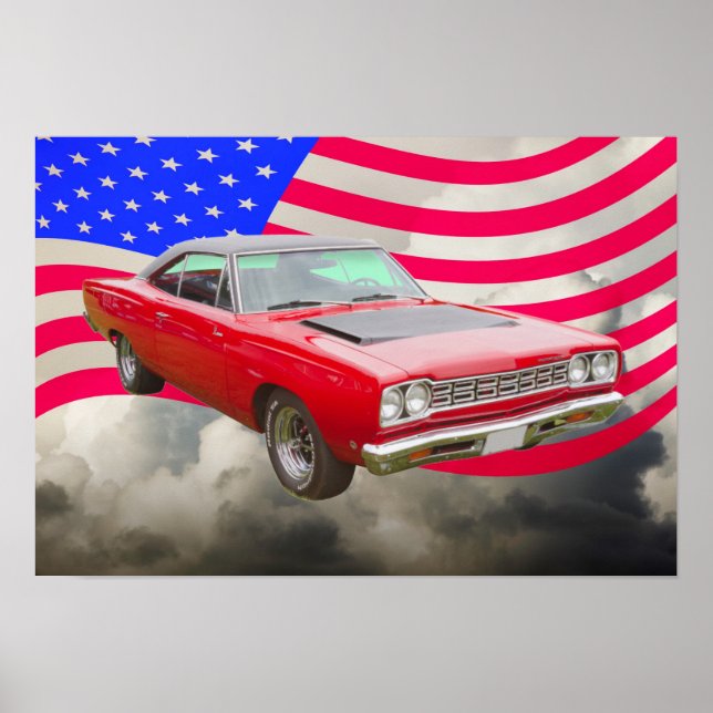 1968 Plymouth Roadrunner And American Flag Poster (Front)