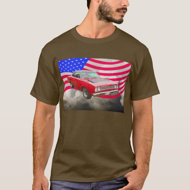 1968 Plymouth Roadrunner And American Flag T-Shirt (Front)