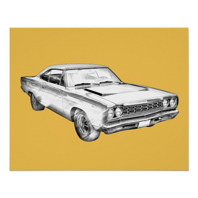 1968 Plymouth Roadrunner Muscle Car Illustration Poster (Front)
