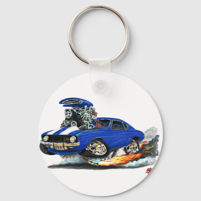 1969 Camaro Z28 Blue-White Car Key Ring (Front)