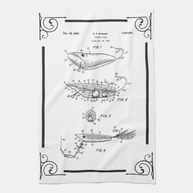 1969 patent drawing fish lure kitchen towel (Vertical)