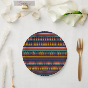 1970s Colourful Retro horizontal Stripes and zigza Paper Plate