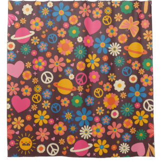 1970s groovy peace sign planet retro hippie brown shower curtain