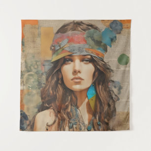 1970s Hippie Woman Collage Tapestry