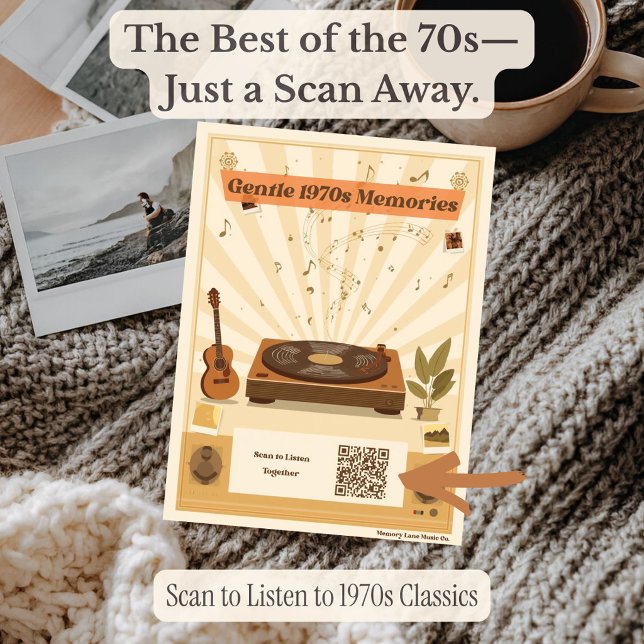 1970s Music Therapy with Spotify QR Code Plaque (Interactive 1970s record player poster with scannable Spotify playlist for memory care.)