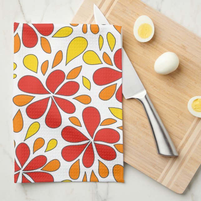 1970s Retro Abstract Flowers Red Orange Yellow Tea Towel (Quarter Fold)