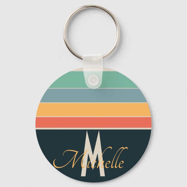 1970's retro horizontal Stripe names & monogram Key Ring (Front)