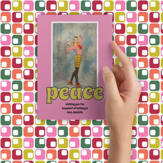 1970s Retro Peace Message Pink Photo Holiday Card (Creator Uploaded)