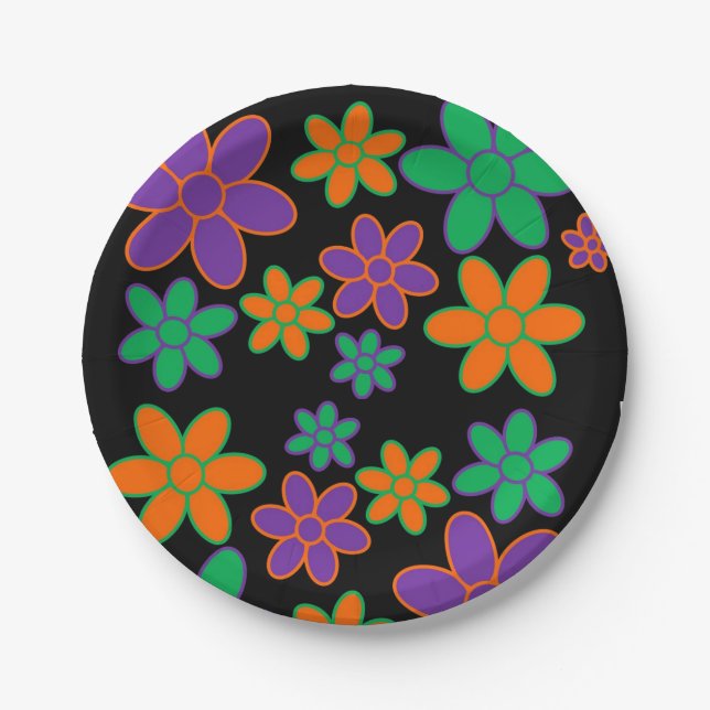 1970s Style Flowers Black Background Paper Plates (Front)