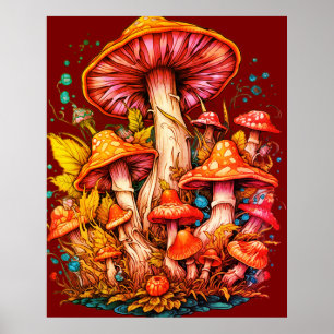 1970s Vibe Mushrooms on Brown Background on a Wall Poster