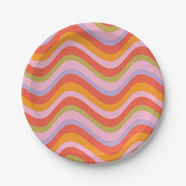 1970s Wavy Stripes, Orange Pink Red Purple Green Paper Plate (Front)