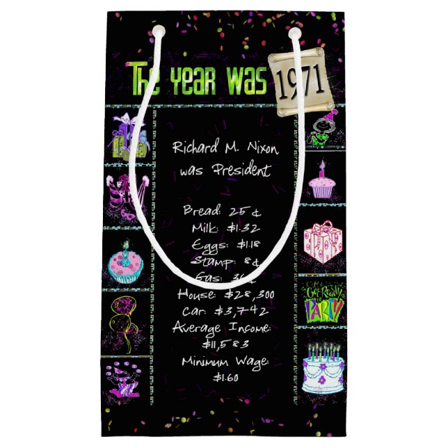 1971 Birth Year Trivia on Black Small Gift Bag (Front)