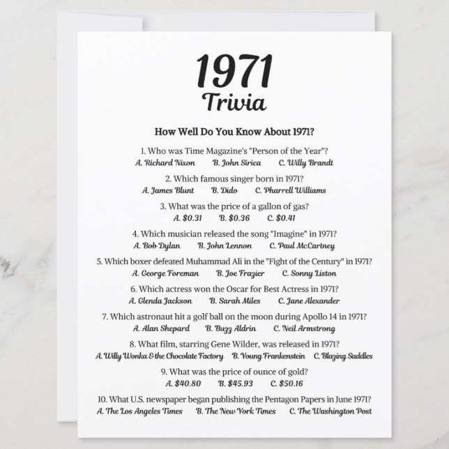 1971 Trivia Game | 54th Birthday Party Game (Front)