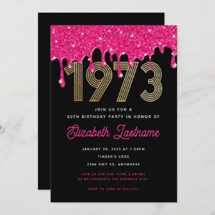 1973 Pink Glitter Drip 50th Birthday Invitation