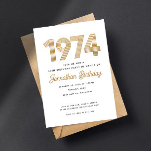 1974 White Black Gold 50th Birthday Invitation 