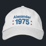 1975 or Any Year 40th Birthday A8P WHITE and BLUE Embroidered Hat<br><div class="desc">Fun birthday hat that you can personalise with a sentiment, name, and year. All text is totally customisable, so also suitable for a 41st 42nd 43rd 44th 45th 46th 47th 48th 49th birthday, or any birthday year you need. 40 years, 41 years, 42 years, 43 years, 44 years, 45 years,...</div>