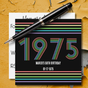 1975 Retro Vintage Rainbow  50th Birthday  Black Invitation