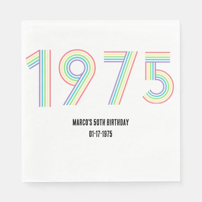 1975 Retro Vintage Rainbow Numeral 50th Birthday Napkin (Front)