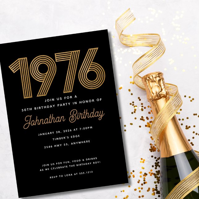 1976 Black and Faux Gold 50th Birthday Invitation  (1976 Black and Faux Gold 50th Birthday Invitation)