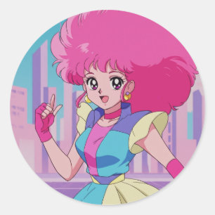1980s anime-style characters classic round sticker