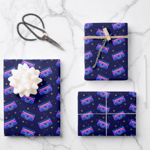 1980s Boom Box Neon Pattern Wrapping Paper Sheet