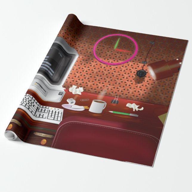 1980s Classic Office with Computer Wrapping Paper (Unrolled)