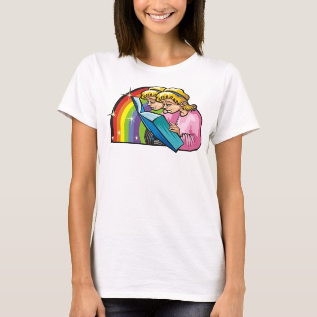 1980s Rainbow with Gemini Twins Reading Book T-Shirt (Front)