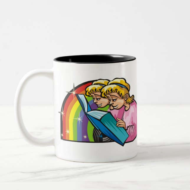 1980s Rainbow with Gemini Twins Reading Book Two-Tone Coffee Mug (Left)