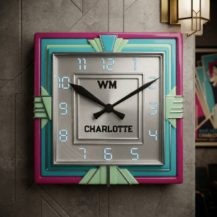 1980s Retro Art Deco Neon Pink Teal Green Square Wall Clock