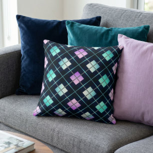 1980s Retro Style Sci-Fi Black, Blue & Pink Argyle Cushion