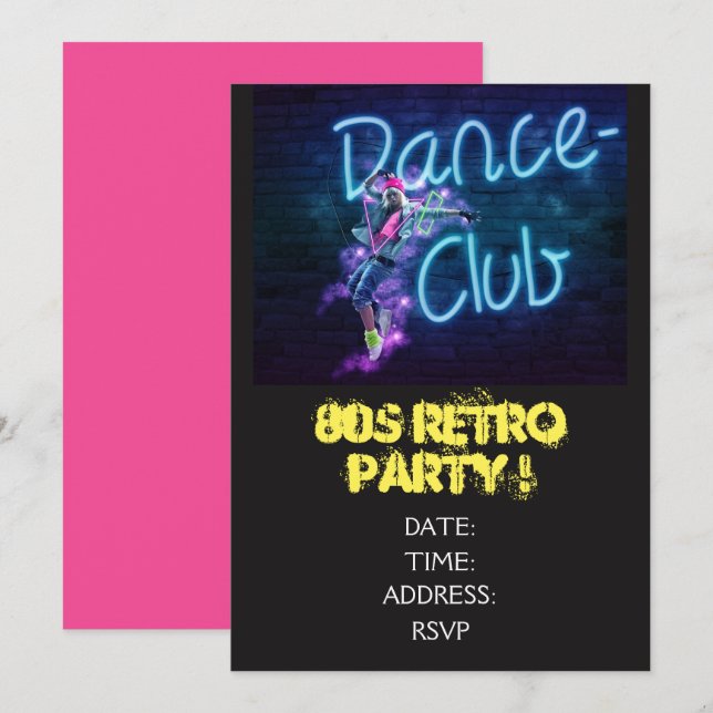 1980s retro theme dance party invitation (Front/Back)