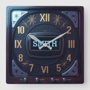 1980s Retro Wood & Neon Digital Quartz LED Square Wall Clock