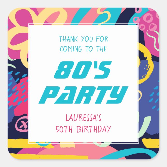 1980s Theme Bright Doodles Retro Birthday Party Square Sticker (Front)