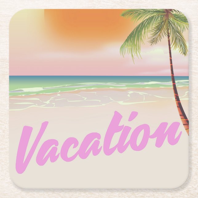 1980s vintage Vacation beach poster Square Paper Coaster (Front)