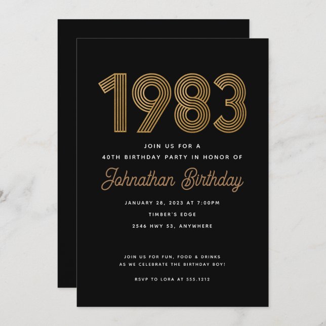 1983 Black and Gold 40th Birthday Invitation  (Front/Back)